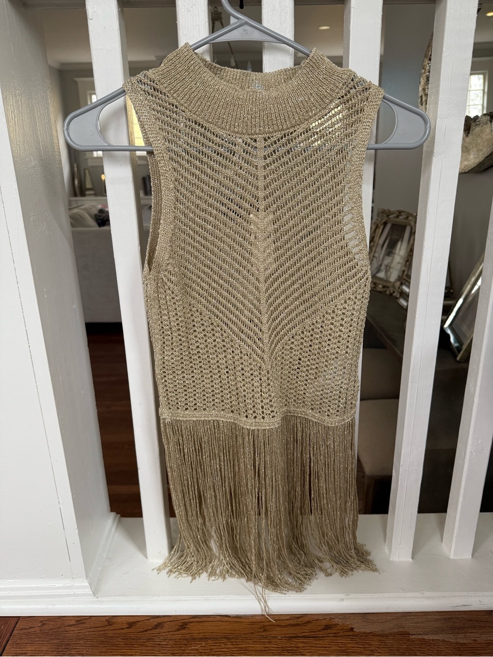 Anthropologie Metallic Open-Knit Fringe Tank Top - Neutral Gold